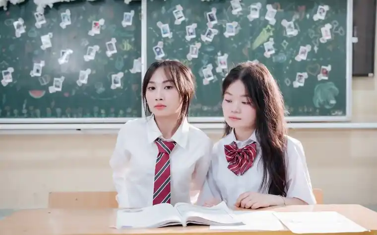 교복을 입고 교실 책상에서 책을 펴 둔 두 학생