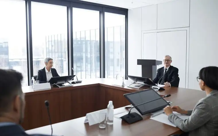People seated around a U-shaped conference table during a meeting