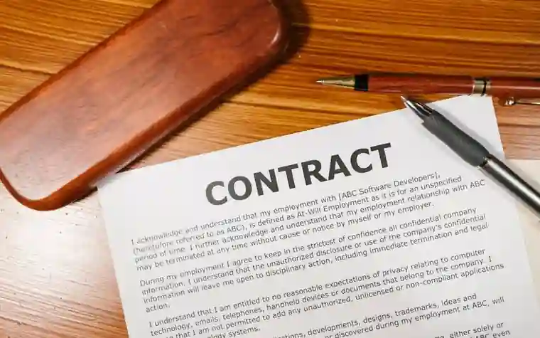 A contract and a pen lying on a wooden desk