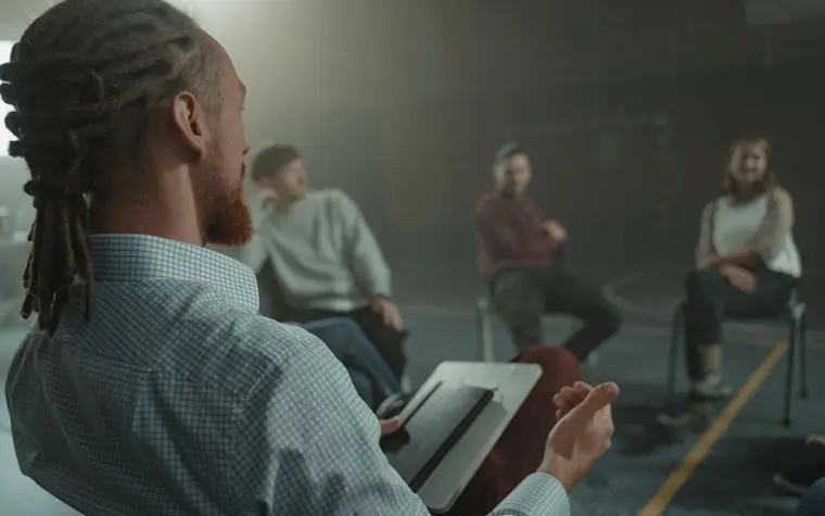 Participants seated in a circle, with one man holding a tablet during a group session
